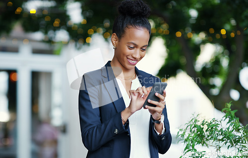 Image of Search, online and phone with business woman in city for networking, connection and internet. Communication, technology and contact with african person browsing for social media, email and message