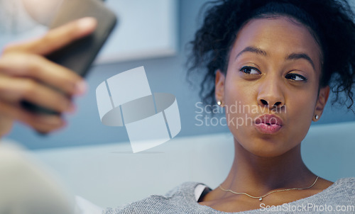 Image of African woman, selfie and bedroom in home, night and pouting with beauty for social media app. Influencer girl, content creator and photography for profile picture in bed for blog, web or internet