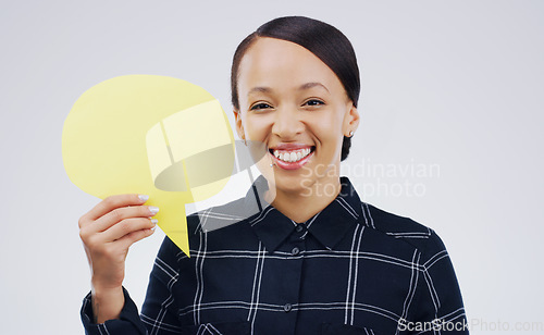 Image of Happy woman, portrait and speech bubble for social media, question or FAQ with smile against a white studio background. Excited female person smiling with sign for comment, message or mockup space
