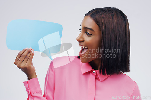 Image of Woman is excited, speech bubble and social media with mockup space and online branding on white background. Communication, surprise announcement and female person with news and advertising in studio