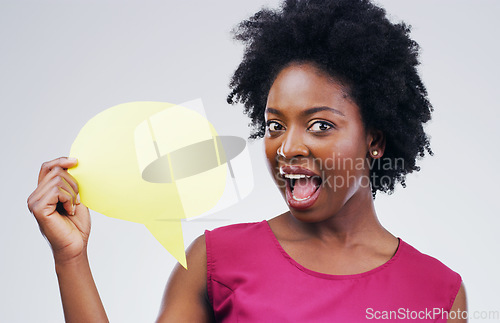 Image of Happy black woman, portrait and speech bubble in surprise for question or social media against a white studio background. African female person with afro or sign for comment or FAQ on mockup space