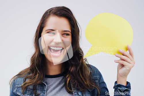 Image of Woman is happy, speech bubble and social media with mockup space and online branding on white background. Communication, announcement and excited female person with news and advertising in studio