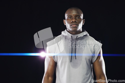 Image of Fitness, workout and portrait of black man with sweat On dark background for running, exercise and training. Sports mockup, serious face and male person with light, dedication and motivation or focus