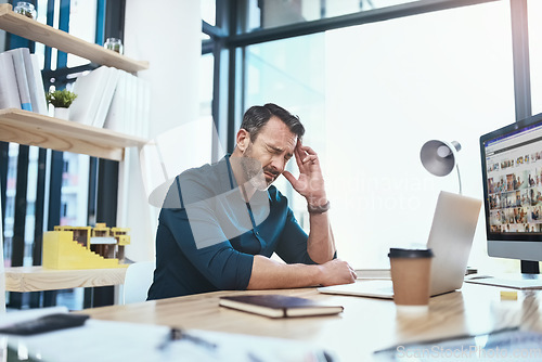 Image of Stress, headache and businessman with laptop in the office while working on a corporate project. Medical emergency, healthcare and mature male employee with a migraine and pain in the workplace.