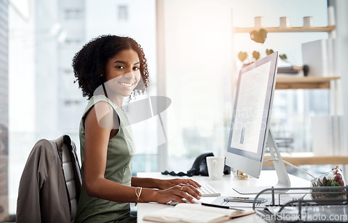 Image of Black woman in business, computer screen and smile in portrait, working on corporate report or proposal. Data analyst, review of article and happy female employee in office with productivity