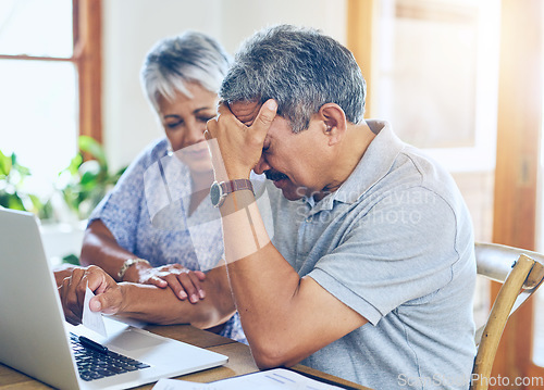 Image of Debt, stress and senior couple with finance bills, paperwork and insurance documents on laptop. Retirement, anxiety and elderly man and woman worry for mortgage payment, investment and budget at home