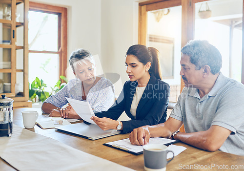 Image of Finance, budget and senior couple with advisor for bills, paperwork and life insurance documents. Retirement, consultant and elderly man and woman with financial planner for pension, loan or mortgage