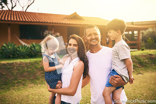 Image of Family, bonding and garden with father, mother and kids with happiness and new home. Outdoor, mockup and lens flare of a mom, dad and children together on a lawn and backyard with a smile and care