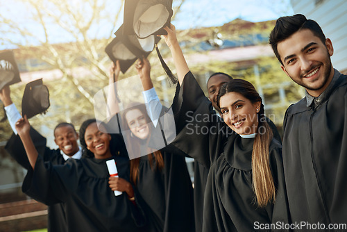 Image of University, graduation and hats off or group of students together with joy or celebrating academic achievement and outdoors. Certification, victory and happy scholars outside or diversity and robes