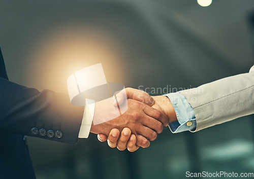 Image of Handshake, agreement and hands of business men in office for partnership, recruitment deal and thank you. Corporate, collaboration and male workers shaking hand for onboarding, support and teamwork