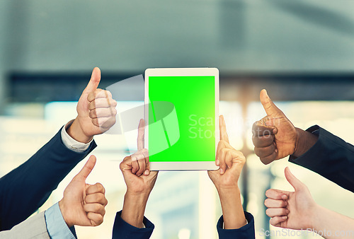 Image of Green screen, thumbs up and hands of business people on tablet for website, contact us and internet app. Mockup screen, digital tech and workers with like and approval for advertising and promotion