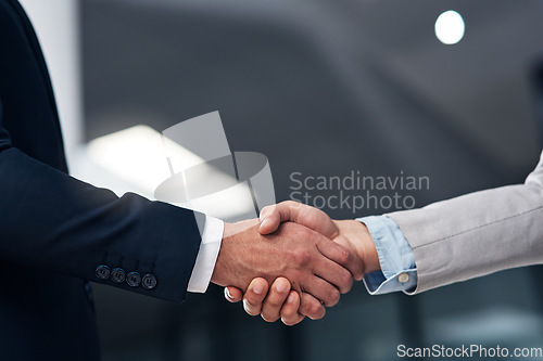 Image of Handshake, partnership and hands of business men in office for agreement, recruitment deal and thank you. Corporate, collaboration and male workers shaking hand for onboarding, support and teamwork