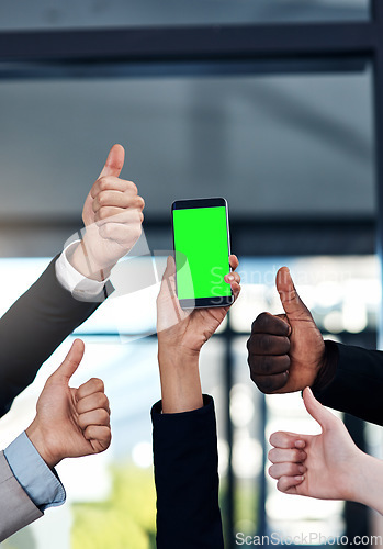 Image of Green screen, thumbs up and hands of business people with phone for website, contact us and mobile app. Mockup screen, smartphone and office workers with yes sign for branding, advertising and space