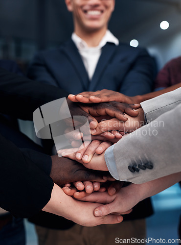 Image of Teamwork, support and hands stack of business people in office for celebration, team building and community. Corporate, diversity and workers with hand together for solidarity, success and goal