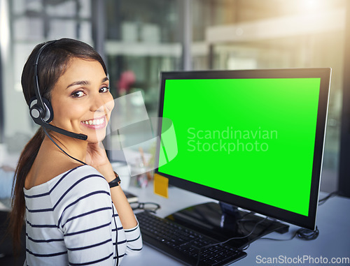 Image of Call center, customer service and portrait of woman with green screen on computer for consulting help. Telemarketing, communication mockup and female worker for contact, crm software and support