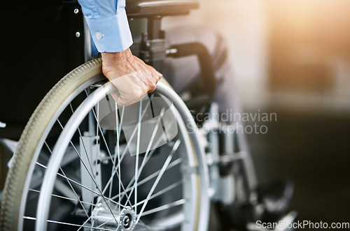 Image of Wheelchair, care and man hand holding wheel in a hospital for healthcare. Person with disability, mobility and male adult in clinic for support and medical help with hands of patient and mockup