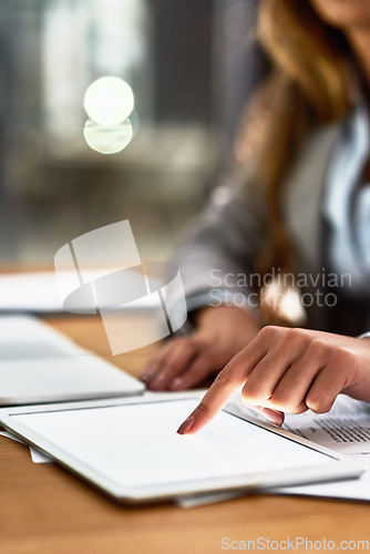 Image of Tablet, screen mockup and business woman for market research, data analytics or website management at night. Typing, schedule and professional person hands on digital tech, internet or app mock up