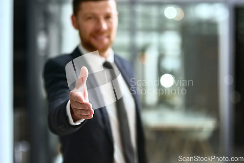 Image of Handshake, offer and portrait of business man for success, agreement or introduction, hiring and welcome. Professional person shaking hands in pov meeting, night deal or congratulations and thank you