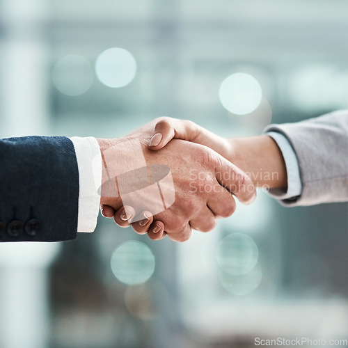 Image of Business people, handshake and corporate meeting, welcome and introduction or lawyer agreement and success. Professional man, partner or clients shaking hands in thank you, interview or legal deal