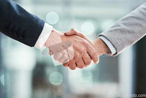 Image of Business people, partner or handshake in meeting, corporate welcome and introduction or lawyer agreement and success. Professional worker or clients shaking hands for b2b, job interview or legal deal