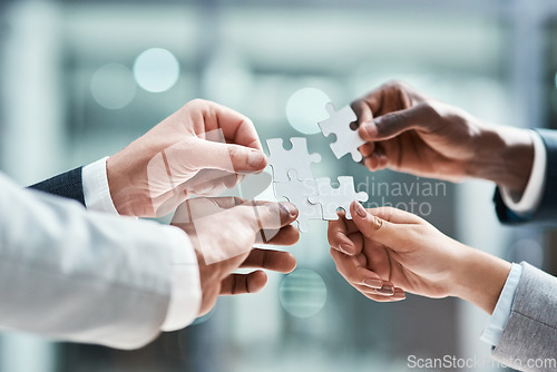 Image of Solution, business puzzle and group of people hands for goals, project integration and workflow or success. Team building, progress and development of problem solving game, synergy or collaboration