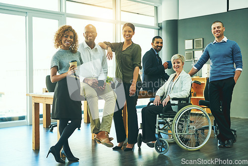 Image of Inclusion, diversity and portrait of business people in office for teamwork, support and happy. Smile, collaboration and inclusive with group of employees for mission, commitment and mindset