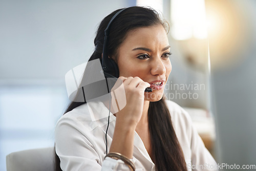 Image of Contact us, mic or happy woman in call center consulting, speaking or talking at customer services. Virtual assistant, girl or female sales consultant in telemarketing or telecom company help desk