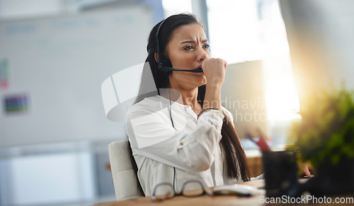 Image of Yawn, tired or woman with burnout in call center overworked or overwhelmed by telemarketing deadlines. Fatigue, exhausted girl or stressed sales agent yawning while networking overtime on computer