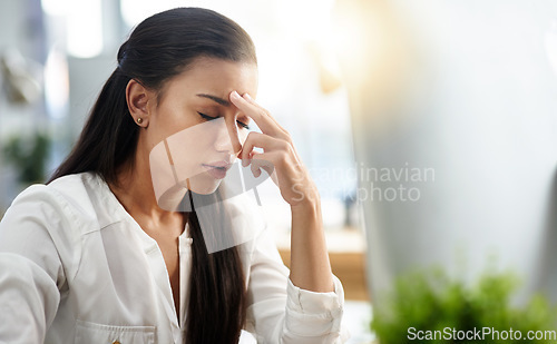 Image of Stress, burnout or businesswoman with headache in office with fatigue, anxiety or depression. Depressed employee, sad female consultant or tired person frustrated with migraine pain in workplace