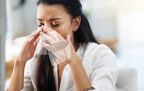 Image of Office, burnout or woman with headache, stress or tired in workplace with fatigue, anxiety or depression. Stressed employee, sad female consultant or business person with migraine pain or frustrated