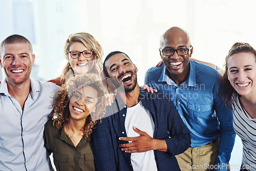 Image of Business people, laugh portrait and hug in a office with a smile from friends teamwork and collaboration. Diversity, happiness and staff together proud from funny motivation and workforce group