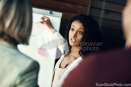 Image of Presentation whiteboard, audience and woman speech, discussion or communication on office plan. Sales workshop, project management and team leader, speaker or biracial person speaking to group