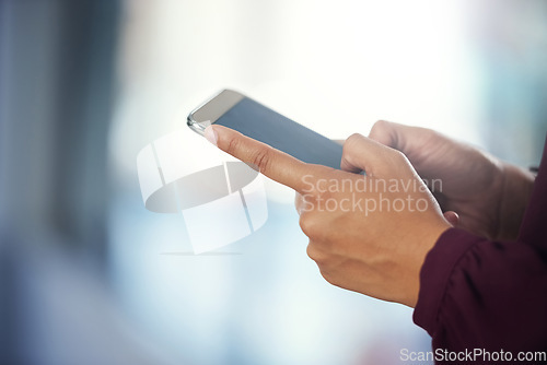 Image of Phone, closeup or hands of woman in office on social media networking, chatting or texting message. News, surf or female employee typing, scrolling or checking emails online on digital mobile app