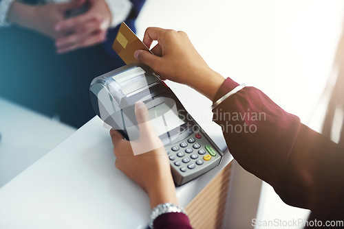 Image of Credit card payment, swipe or hands of person in store with pos machine in a financial exchange. B2c fintech, sales services or closeup of customer paying, swiping or shopping in retail trade mall