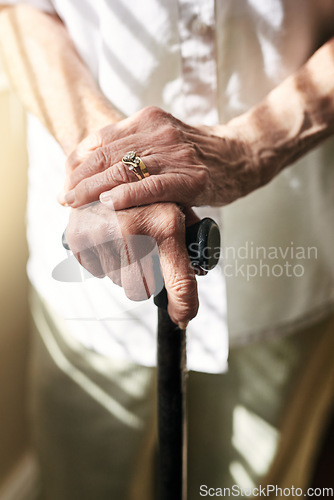 Image of Hands, walking stick and closeup with elderly woman, injury and mobility with balance in retirement in house. Cane, senior lady and person with disability, support or recovery in home with lens flare