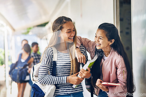 Image of Girl friends, student and school with laughing and books with smile on campus. Teenager, young teen and girls with happiness and discussion together with education ready to start class and learning