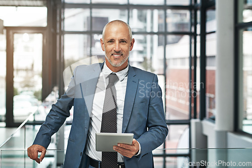 Image of Tablet, happy and portrait of business man in office for networking, research and digital. Social media, internet and email with senior male ceo for corporate, professional and communication