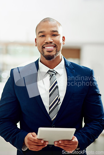 Image of Corporate, happy man and portrait with tablet for online planning, internet or stock market app in office. Male executive, suit and digital technology of connection, financial trading and data review