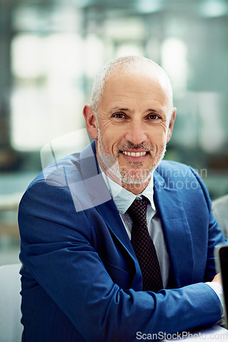 Image of Happy boss, CEO and portrait of man for confidence, professional commitment or pride in office. Face, executive and mature business director smile in suit for trust, experience or company in New York