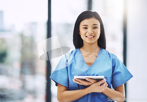 Image of Healthcare, smile and portrait of nurse with tablet in hospital for support, help and advice in clinic. Health care, happiness and medicine, confident and happy woman, medical professional with space