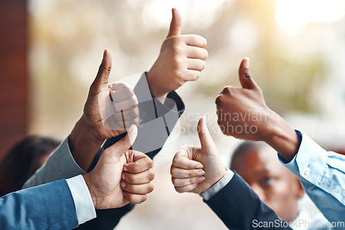 Image of Teamwork, hands and business people with thumbs up for success, team building and motivation. Group, hand gesture and like emoji for agreement, ok or excellence, support or solidarity for cooperation