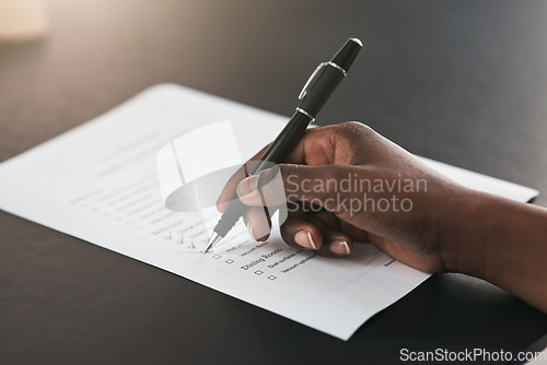 Image of Checklist tick, closeup and hands with a pen, agenda or planning administration at work. Receptionist, plan and person with notes on a document for schedule, time management or working on a goal