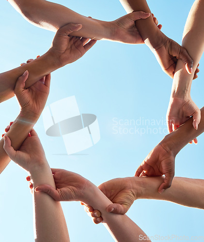 Image of Hands, chain and circle with team and blue sky with low angle, solidarity and trust with arm link and people together. Teamwork, motivation and connection with group collaboration and community