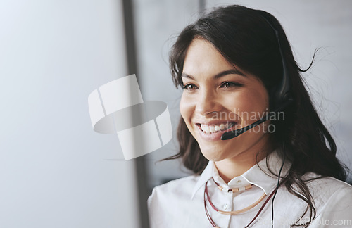 Image of Business woman, face and contact us employee with a smile and consulting on a crm call. Communication, customer service and young female person working in a web support call center with a smile