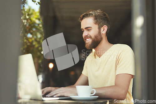 Image of Coffee shop, remote work and happy man typing laptop project, research report or customer experience insight. Cafe website, freelance blog writer and person doing internet search in restaurant store