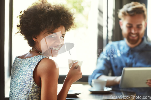Image of Coffee shop, restaurant portrait and happy woman with tea, matcha and smile for hydration beverage, drink mug or teamwork. Customer, morning wellness, and cafe team working on freelance remote work