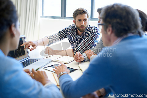 Image of Planning, presentation and laptop with business people in meeting for idea, project management and teamwork. Review, strategy and branding with employees in boardroom for digital, data and solution