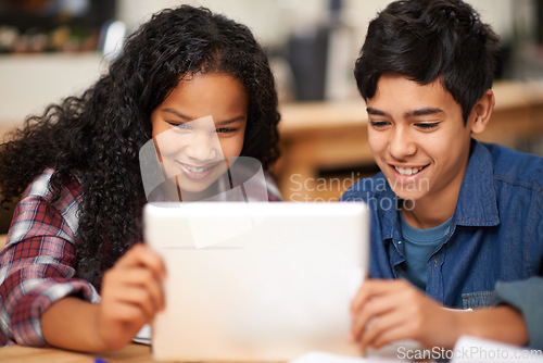 Image of School, tablet and happy children in classroom with learning, internet website and young students. Digital education, kids elearning and Montessori class, happiness and studying with online reading,