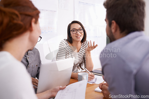 Image of Teamwork in creative meeting, people brainstorming ideas and happy working together in conference room. Planning, collaboration with men and women in strategy discussion at startup and writing notes