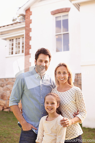 Image of New house, portrait family and happy people with real estate, neighborhood building or property rent, investment or sale. Residential mortgage, homeowner purchase or proud relocation parents with kid